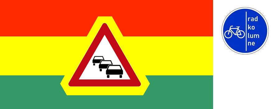 Rot, gelb und grün als Farben, darauf ein Stau-Verkehrszeichen.