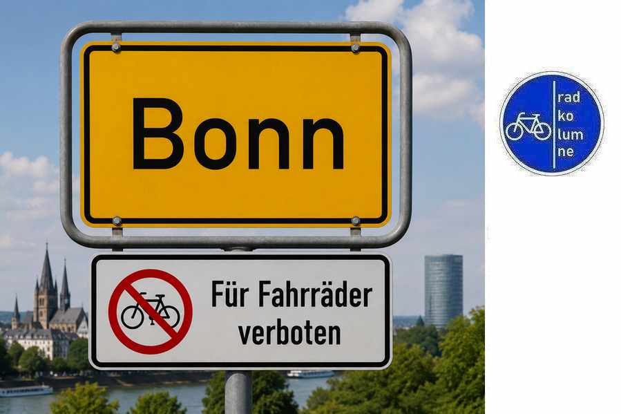 Ortsschild Bonn. Zusatz: Für Fahrräder verboten